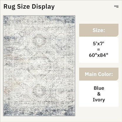5x7 Area Rugs Blue Ivory Low Pile Indoor Washable Trendy Faded Style Rugs for Bedroom Living Room Dining Room Foldable Non-Slip Thin Print Mat
