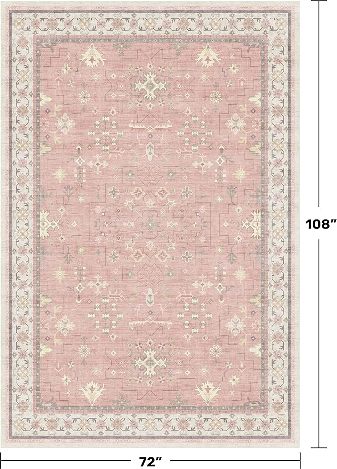 Hazo Haus Pink Washable 6x9 Rug for Bedroom - Nursery Floral Girls Room Rug Machine Washable Non Slip Kids Playroom Mat, Cute Girly Thin Low Pile Stain Resistant Living Room Decor