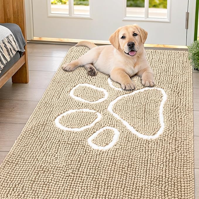 Smiry Dog Door Mat for Muddy Paws, Absorbent Dirt Trapper Non Slip Quick Dry Washable Chenille Mat for Mud Dogs, Entry Rug for Indoor and Outdoor (54x32 Inches, Beige and White)