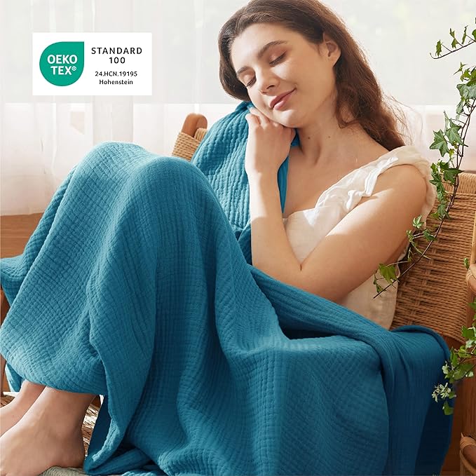 Bedsure 100% Cotton Muslin Throw Blanket Large 50x70 Inches - 4-Layer Breathable and Lightweight Thin Soft Summer Gauze Muslin Blankets for Adults, Teal, Boho Cotton Throw for Couch