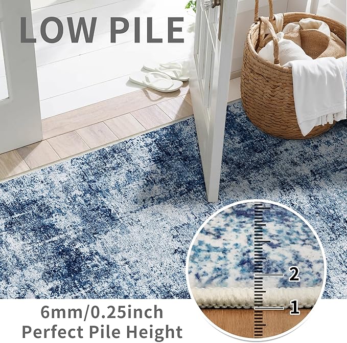 3x6 Washable Entryway Runner Rug: Non Slip Wide Hallway Runners Easy-to-Clean - Soft Living Room Bedroom Kitchen Carpet - Thin Low Pile Printed Floor Mat for Dining Room Blue