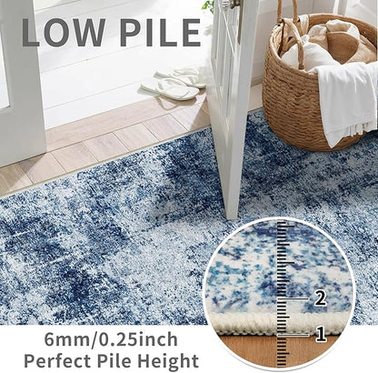 3x12 Washable Hallway Runner Rug: Non Slip Carpet Runners Easy-to-Clean - Soft Living Room Bedroom Kitchen Rugs - Thin Low Pile Printed Floor Mat for Dining Room Neutral Blue