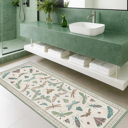 Hazo Haus Washable Non Slip Bathroom Runner Rug 2x5, Insect Boho Bath Mat, Stain Resistant Low Pile Butterfly Insect Print Rugs for Laundry Room, Powder Room, Beige Green