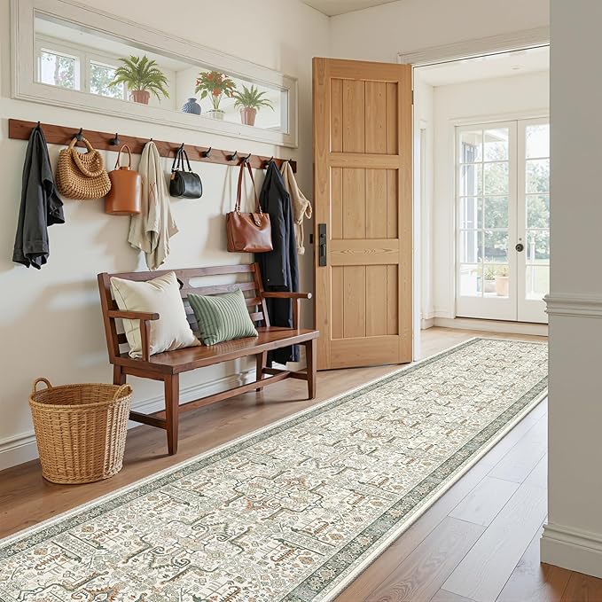 Hallway Washable Runner Rug 2x12 - Non Slip Vintage Kitchen Runner Rugs for Entryway Low-Pile Waterproof Long Runners for Living Room Bedroom Medallion Indoor Floor Mat for Bathroom Laundry Green