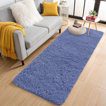 OLANLY 2x4 Machine Washable Runner Rugs for Hallway, Soft Fluffy Shaggy Bedside Rugs for Bedroom, Living Room, Indoor Floor Carpet for Kids Girls and Boys, Home Decor Aesthetic, Denim Blue