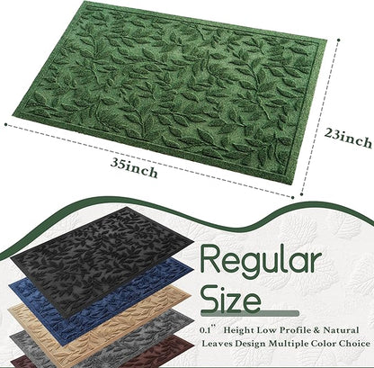 Green Leaves Outdoor Indoor Entrance Doormats, Absorbent Durable Heavy Duty Welcome Front Door Mat,Thick Natural Rubber Back,Easy Clean Entryway Mat 23x35 Inch, Low Profile