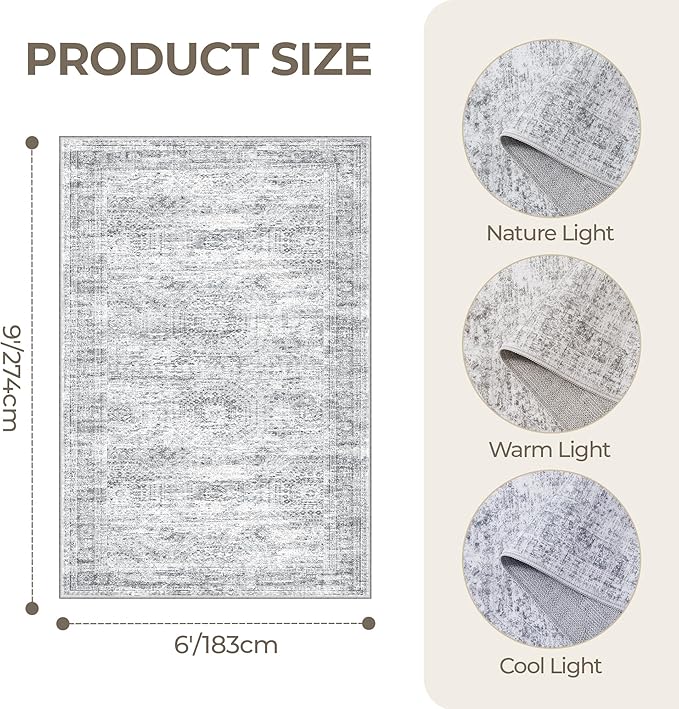 6x9 Rug for Living Room,Soft Low Pile Indoor Washable Rugs for Bedroom, Non-Slip Backing Vintage Large Area Rug, Printed Abstract Carpet(6'x9', Grey/Ivory)