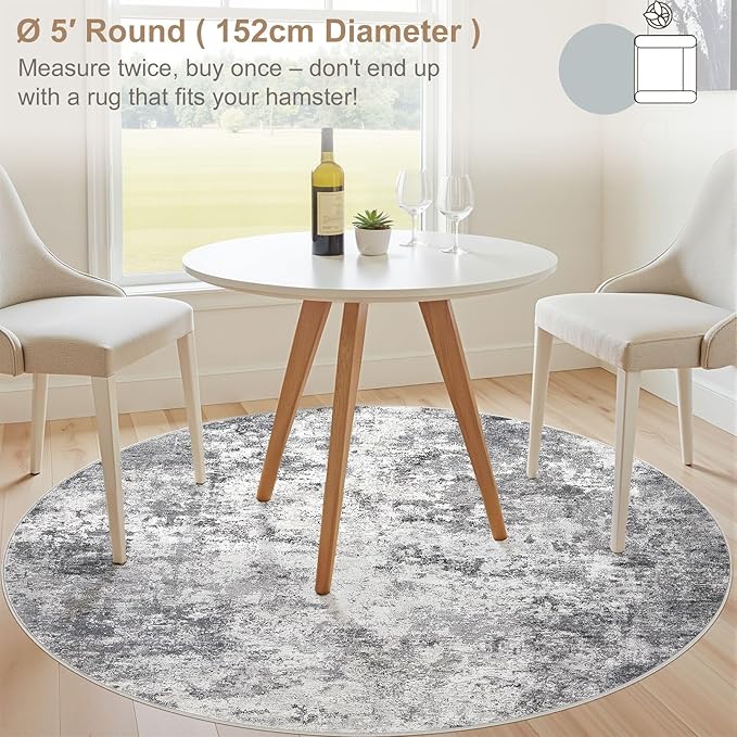 UERMEI 5ft Round Area Rug Living Room Rugs - 5x5 Washable Neutral Modern Abstract Soft Thin Rug Indoor Floor No Slip Rug Carpet for Bedroom Under Dining Table Home Office Decor - Grey