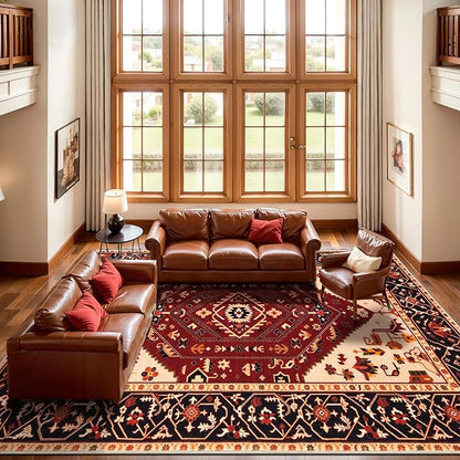 SERISSA 9x12 Area Rugs for Living Room, Large Washable Non-Slip Boho Rug, Ultra Soft Vintage Red Black Oriental Tribal Print Distressed Carpet for Dining Room Bedroom Dorm Office Home Decor