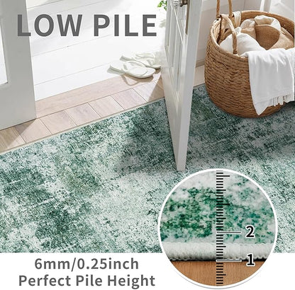 3x6 Washable Entryway Runner Rug: Non Slip Wide Hallway Runners Easy-to-Clean - Soft Living Room Bedroom Kitchen Carpet - Thin Low Pile Printed Floor Mat for Dining Room Green