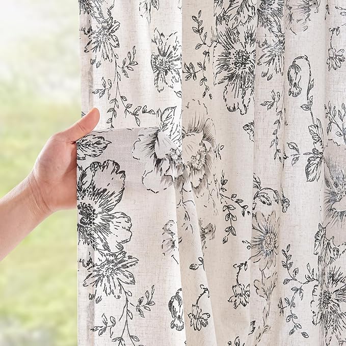 jinchan Linen Blend Curtain Floral Curtains for Living Room 63 Inch Length Black Printed Curtain Rod Pocket Back Tab Farmhouse Peony Flower Patterned Drapes Bedroom Window Curtains Set 2 Panels