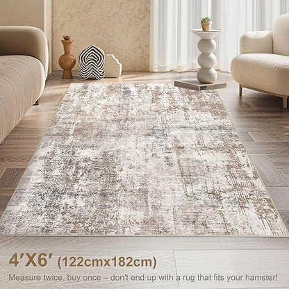 UERMEI 4x6 Area Rug Living Room Rugs - Washable Neutral Modern Abstract Soft Thin Rug Indoor Floor No Slip Rug Carpet for Bedroom Under Dining Table Home Office Decor - Brown/Grey/Red