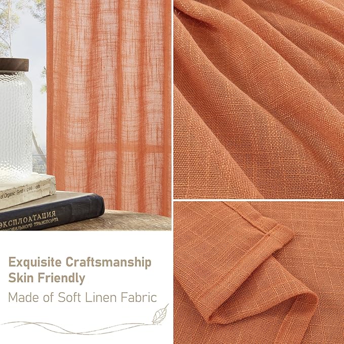 LAMIT Burnt Orange Sheer Linen Curtains, 84 inch Light Filtering Semi Sheer Panels Back Tab and Rod Pocket Farmhouse Rust Drapes for Bedroom/Living Room, 2 Panels, 52 x 84 Inch