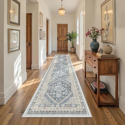 Hallway Runner Rug 2x12, Extra Long Washable Runner Rugs with Rubber Backing, Non Slip Runner, Vintage Rug Runners for Kitchen Laundry Room Entryway (Blue/Beige,2'x12')
