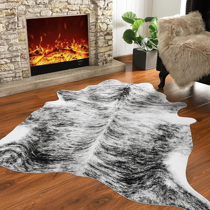 AROGAN Western Decor Faux Fur Cowhide Rug, 4.6 x 5.2 Feet Premium Animal Skin Cow Hide Rug, Sturdy Cow Print Rugs for Wall Decor, Western Floor Carpet for Bedroom Living Room, Black and Grey