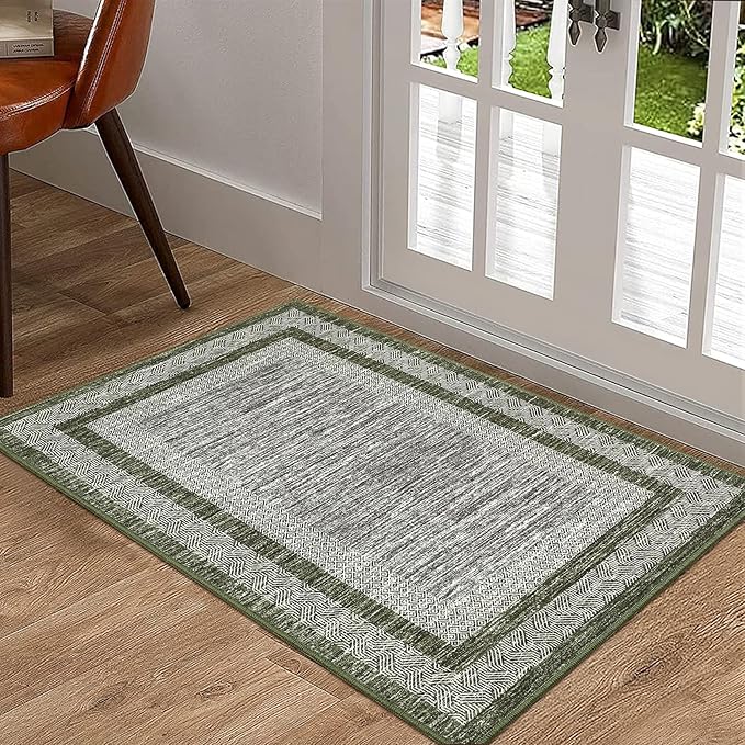 GarveeHome Modern Geometric Area Rug 2x3 Distressed Bordered Washable Non Slip Floor Small Carpet Non Shedding Thin Soft Low Pile Rug, Contemporary Green Rug for Dining Room, Living Room