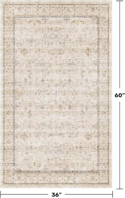 Washable Cream Farmhouse Bathroom Rug, 3x5 Non Slip Area Rugs for Kitchen, Bedroom, Laundry Room, Entryway, Soft Low Pile Neutral Light Beige Décor