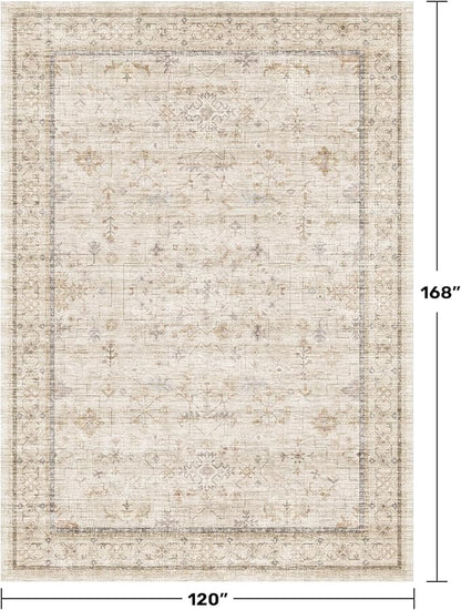 Washable Floral 10x14 Big Living Room Rug, Stain Resistant Foldable Area Rug for Bedroom, Large Dining Room, Farmhouse Neutral Light Beige Décor Indoor, Low Pile Soft Vintage Floor Carpet