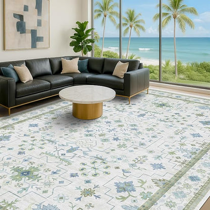 Oriental 10x14 Rug Living Room - Washable Oushak Boho Extra Large for Bedroom Non Slip Soft Faux Wool Carpet for Dining Room Playroom - Cream Blue and Green Floral Rug