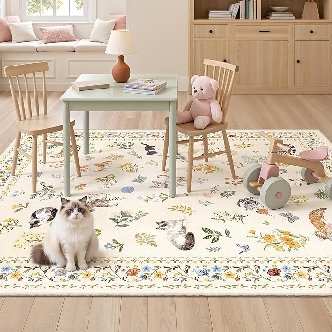 Cat 4x6 Area Rugs, Machine Washable Animal Floral Accent Rug Non-Slip Low Pile Soft Throw Rugs for Entryway Kitchen Bedside Living Room Bedroom Nursery Playroom (4 x 6,Beige)