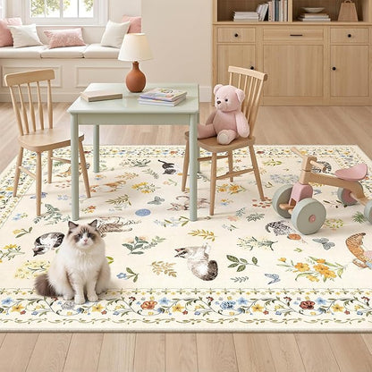 Cat 3x5 Area Rugs for Entryway, Machine Washable Animal Floral Accent Rug Non-Slip Low Pile Soft Throw Rugs for Kitchen Bedside Living Room Bedroom Kids Room (3 x 5,Beige)