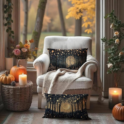 Rustic William Morris Inspired Gold Moon Pillow Covers 12x20 Set of 2,Vintage Black and Gold Moon Forest Botanical Nature Landscape Decorative Throw Pillow Covers for Home Bedroom Living Room