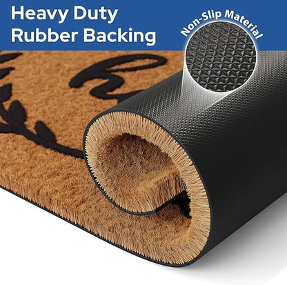 Barnyard Designs Natural Coco Coir Heavy Duty Backing Doormat - Large Cute Non-Slip Front Door Welcome Mat for Outside Entrance or Porch Entry, Brown (17x30, Hello Wreath)