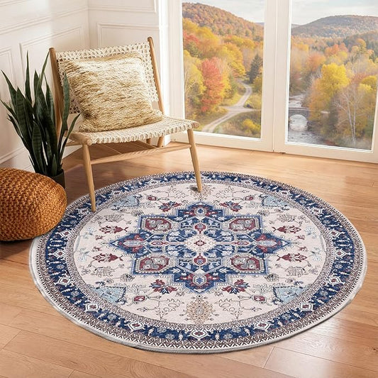 OPPODREAM Soft Round Rug 4ft, Washable Circle Rug 4ft with Non Slip Backing Play Room, Low-Pile Carpet 4 ft, Small Faux Cashmere Throw Carpet, Navy Blue & Red & Cream