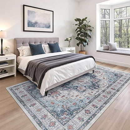 zesthome Washable Rug 5x7 Area Rugs,Stain Resistant Rugs for Living Room,Bedroom,Non-Slip Backing Home Decor Rug, Vintage Medallion Pattern Rugs (Blue,5'x7')