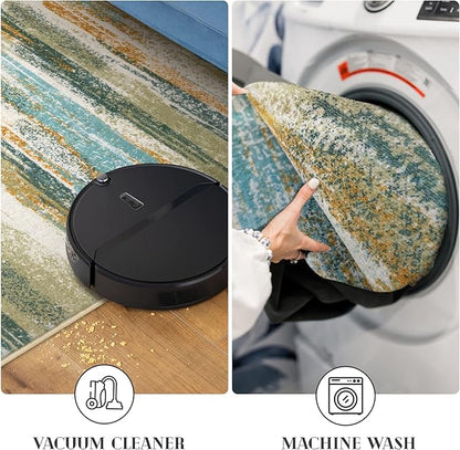 Lansny Modern Abstract Runner Rug 2.6x8, Green Mustard Multi Washable Kitchen Runner Non-Slip Soft Hallway Rug Runner Thin Print Faux Wool Carpet for Entryway Bedroom Laundry Room Indoor