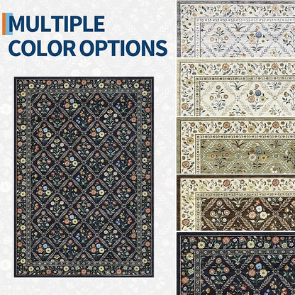 GarveeHome Living Room Rug 5x7 Rug Machine Washable Stain Resistant Area Rug Non Slip Floral Vintage Low Pile Rugs for Living Room, Bedroom, Farmhouse, Dining Room, Kids PlayroomNavy&Black