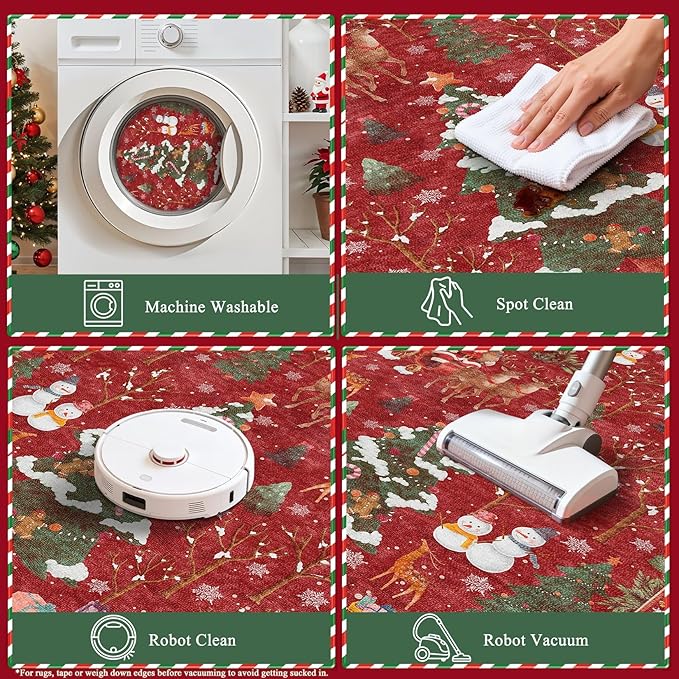 UERMEI Christmas Area Rug Living Room Rugs: 4x6 Neutral Modern Washable Festive Soft Thin Non-Slip Indoor Carpet for Bedroom Dining Table and Home Office Holiday Decor - Red