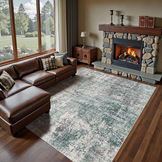UERMEI 8x10 Area Rug Living Room Rugs - Washable Neutral Modern Abstract Soft Thin Large Rug Indoor Floor No Slip Rug Carpet for Bedroom Under Dining Table Home Office Decor - Green/Grey