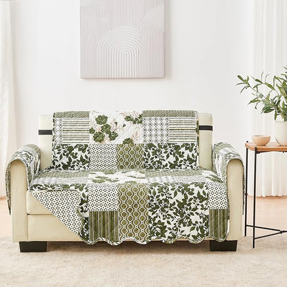 Great Bay Home Reversible Patchwork Loveseat Cover - Washable Slipcover Furniture Protector with Elastic Straps - Perfect for Kids & Pets - Box-Stitched Detail (Olive/Brown)