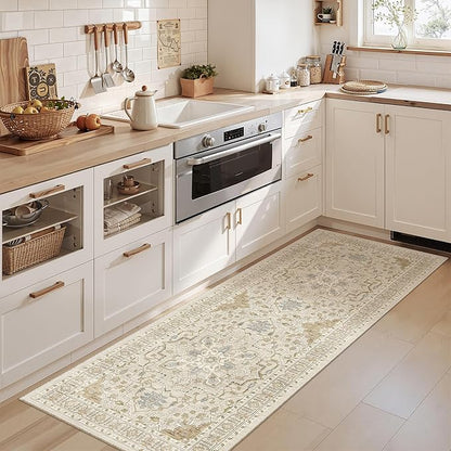 Madane Washable Runner Rug - 2x6 Rug Runners for Hallways 6 Foot Non Slip Vintage Kitchen Runner Rug Ultra-Thin Bathroom Runner Rugs Carpet Laundry Room Bedroom (2x6ft, Beige/Blue)