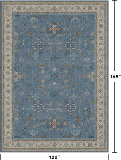 Hazo Haus Blue Big Rugs for Living Room - Dusty Blue 10x14 Area Rug for Large Bedroom, Dining Room, Washable Lightweight Low Pile Foldable Eclectic Modern Floral Home Décor