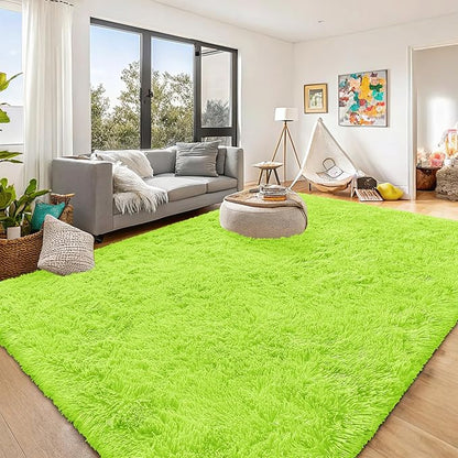 OLANLY 9x12 Machine Washable Large Area Rugs for Living Room, Bedroom, Soft Fluffy Shaggy Bedside Rug, Indoor Floor Carpet for Kids Girls and Boys, Dorms, Nursery, Home Decor Aesthetic, Lime Green