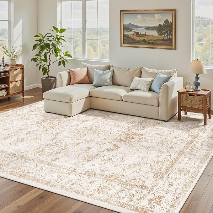 Madane 5x7 Area Rugs for Living Room, Washable Vintage Natural Rug with Non-Slip Backing, Soft Floral Print Throw Rugs Floor Low Pile Carpet for Bedroom Dining Room Farmhouse (5 x 7, Wood/Ivory)