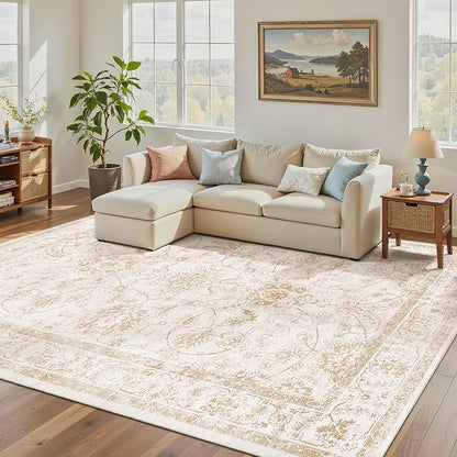 Madane 5x7 Area Rugs for Living Room, Washable Vintage Natural Rug with Non-Slip Backing, Soft Floral Print Throw Rugs Floor Low Pile Carpet for Bedroom Dining Room Farmhouse (5 x 7, Wood/Ivory)