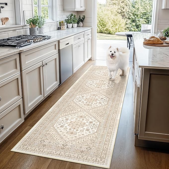 Runner Rug 2x6, Ultra-Thin Entryway Rug Non Slip Washable Rugs for Laundry Room, Runners for Hallways, Vintage Soft Rugs for Living Room, Kitchen, Bedroom(Cream/Beige,2'x6')