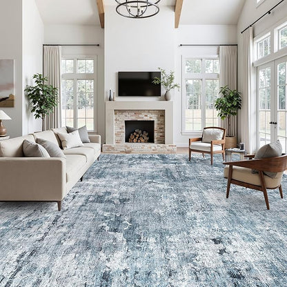 12x15 Washable Area Rug Blue/Grey Neutral Abstract Living Room Large Carpet Non Slip Bedroom Indoor Office Dining Room Low Pile Thin Rug