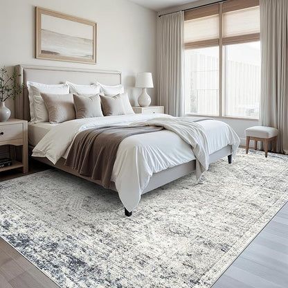 Washable Area Rug 8x10, Large Soft Rugs for Living Room Vintage 8x10 Area Rugs for Bedroom Dining Room Non-Slip Stain Resistant Under Table Blue Ivory Rug