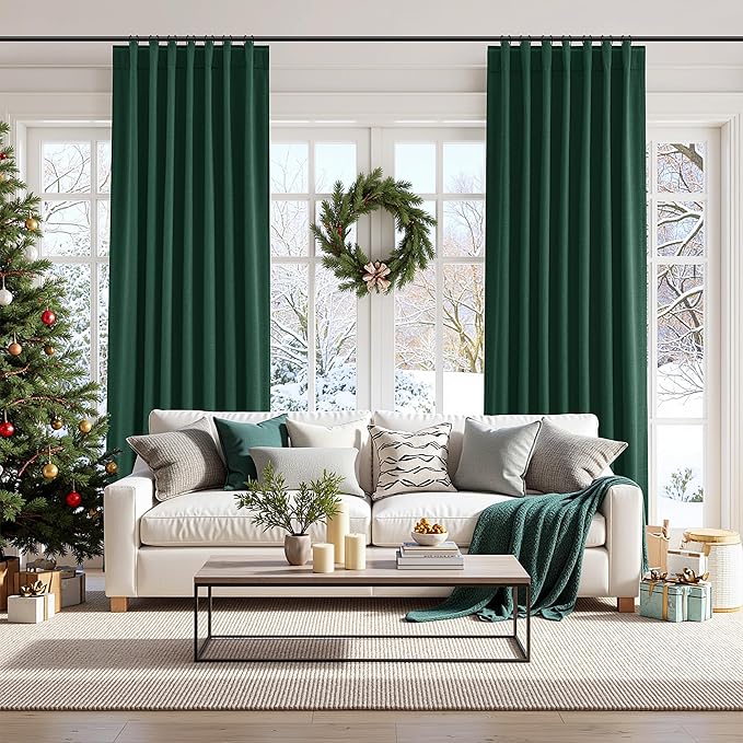 Guken Dark Green 100% Blackout Linen Curtains 84 Inch Length 2 Panels Set for Living Room Back Tab Thermal Insulated Black Out Drapes Room Darkening Farmhouse Style for Bedroom Curtains 52x84