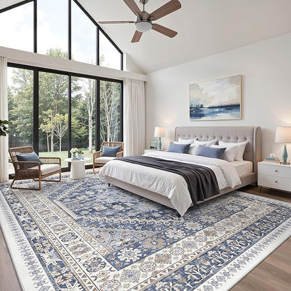 zesthome 12x15 Area Rugs, Large Washable Rug, Ultra-Thin Stain Resistant Rugs for Living Room, Bedroom, Non-Slip Backing Home Decor Area Rug (Blue/Beige,12'x15')
