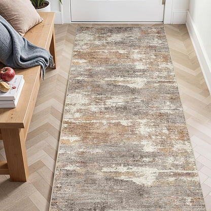 3x6 Washable Kitchen Runner Rug: Modern Abstract Runners for Hallway Soft Non Slip Rugs with Rubber Backing Low Pile Thin Floor Carpet for Entryway Bedroom Bathroom Bedside Indoor(Brown/Brick,3x6)