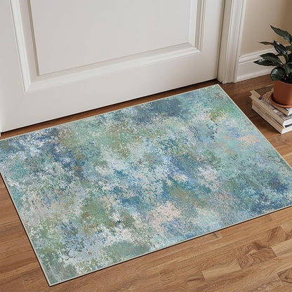 2x3 Rugs for Entryway Entrance Kitchen Bathroom, Machine Washable Rug Modern Abstract Soft Area Rug, Low Pile Indoor Floor Carpet with Non Slip Backing, Blue Green