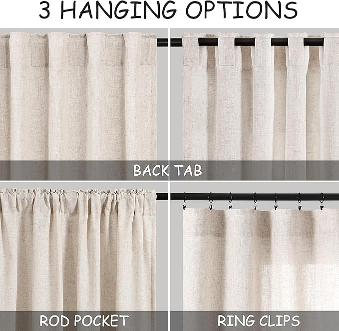 Extra Long Tan Beige Curtains 132 inch Length 2 Panels Set Back Tab Neutral Farmhouse Drapes Light Filtering Semi Sheer Linen Curtain 132 inches Long for Floor to Ceiling Window Patio Sliding Door