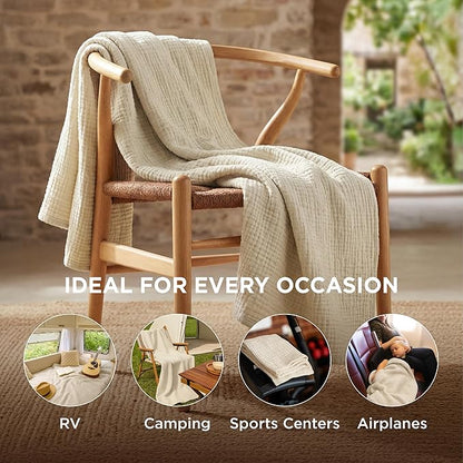 Bedsure 100% Cotton Muslin Blankets for Adults Large Throw 50x70 Inches - 4-Layer Breathable and Lightweight, Soft Boho Gauze Muslin Cotton Blanket for Couch Decor Travel Summer, Linen Beige