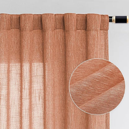 MYSKY HOME Floor Length Burnt Orange Curtains 95 Inch Long Panels, Boho Curtains Farmhouse for Living Room Sliding Glass Door, Rod Pocket Linen Look Texture Light Filtering, 50" x 95", Orange, Pack-2