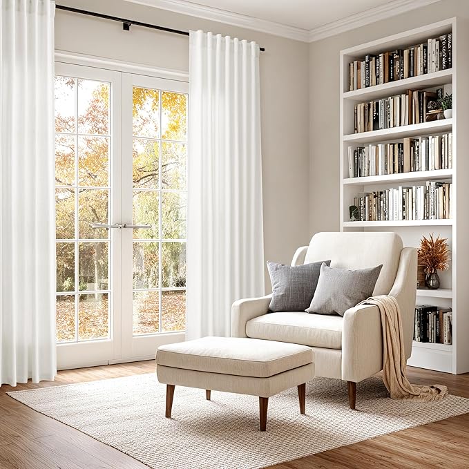 Nanspring Beige White Linen Curtains for Living Room 98 Inches Long Back Tab and Rod Pocket Light Filtering Semi Sheer Curtain Rustic Farmhouse Decor Luxury Drapes for Bedroom Office 52x98, 2 Panels